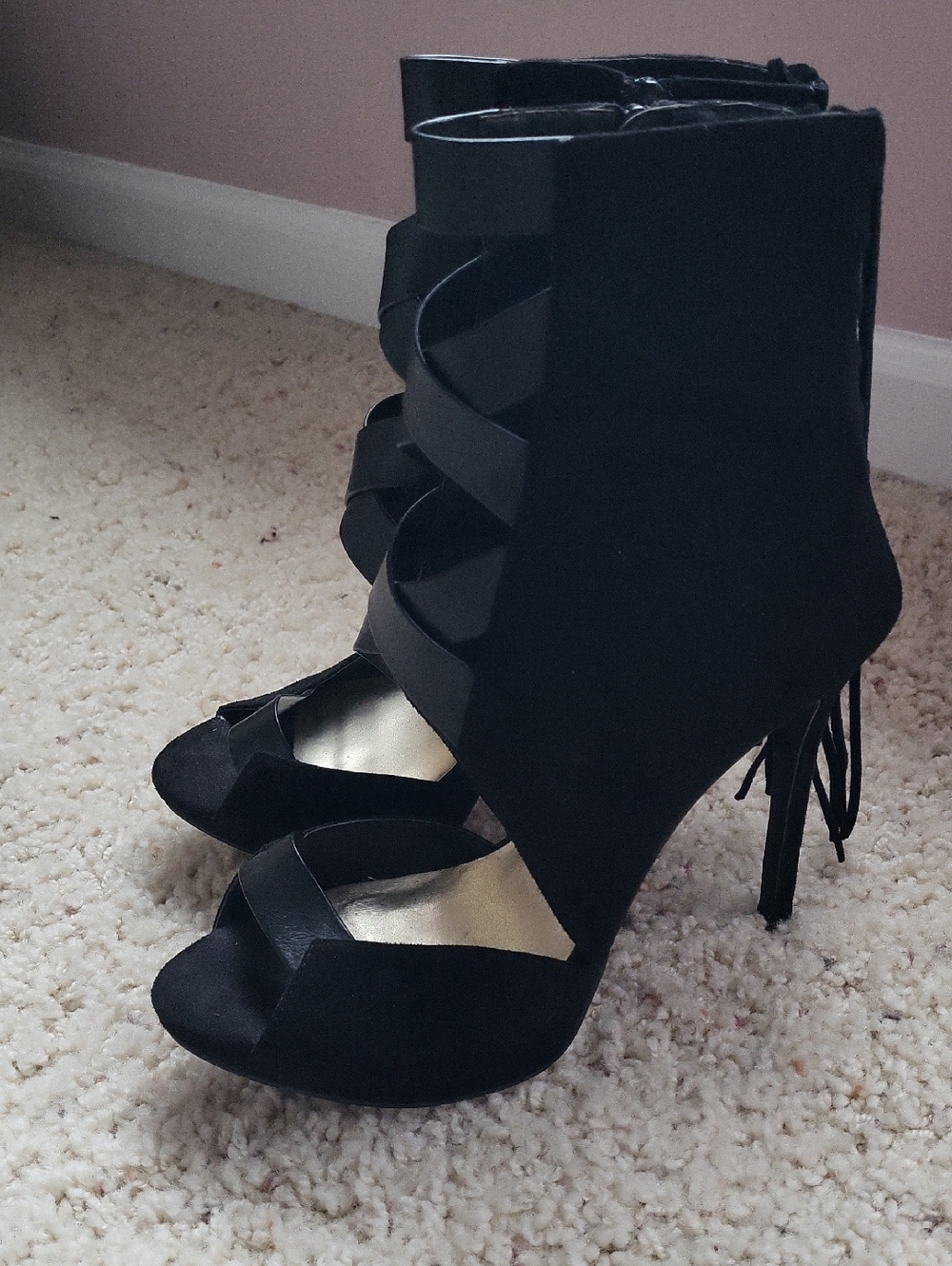 LFL by Lust for Life Black Strappy Peep Toe Stiletto Booties with Back Fringe
